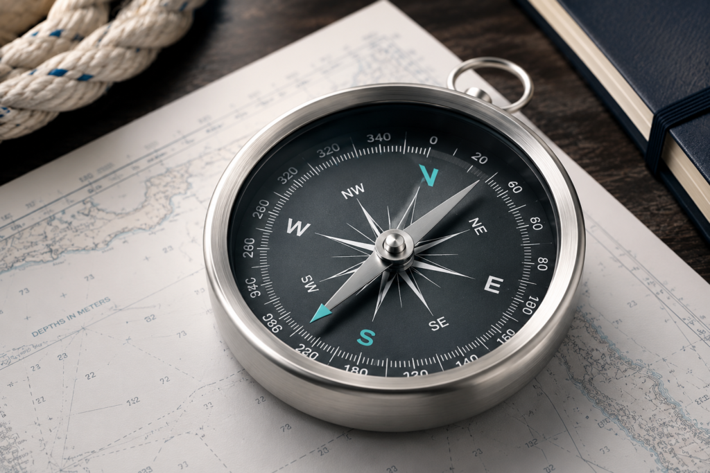 A ship's compass is used to navigate changing courses and uncertain waters.