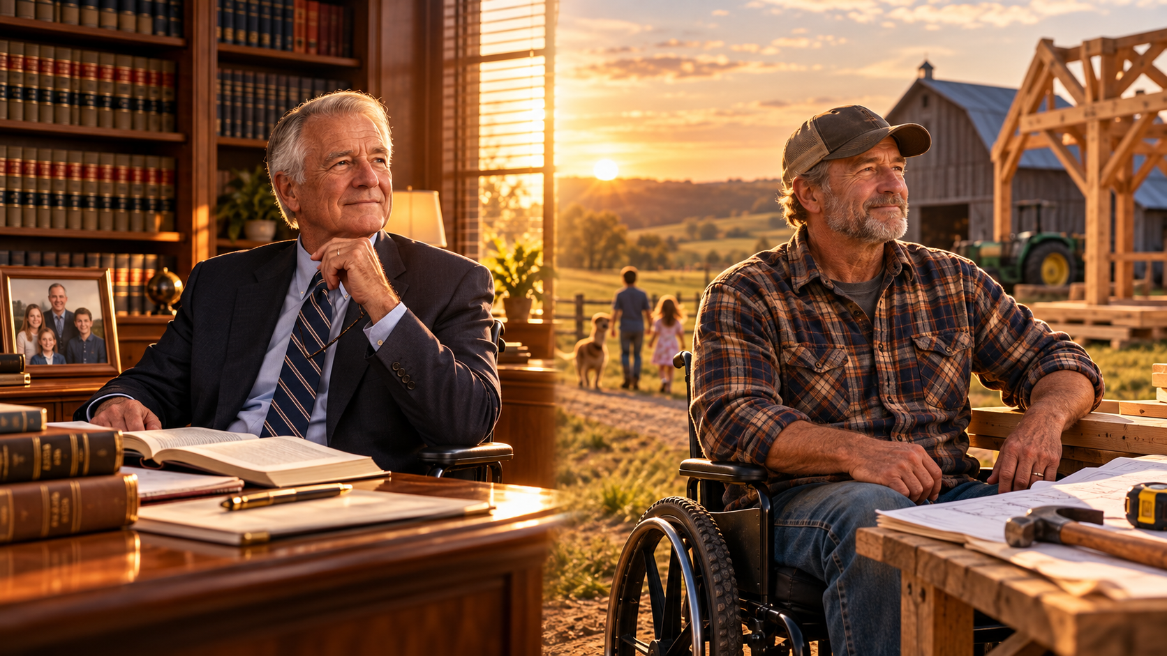 02-courage-featured A man shown in two settings at once: a professional office with books on one side, and a farm workshop in a wheelchair on the other.