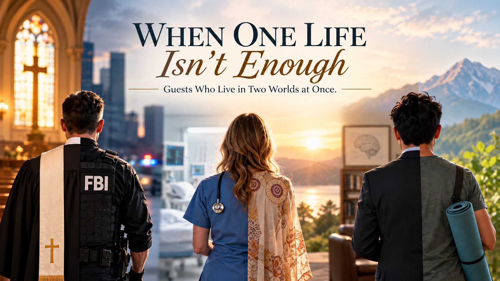 feat Three people shown split between two roles under the title When One Life Isn't Enough: Guests Who Live in Two Worlds at Once.