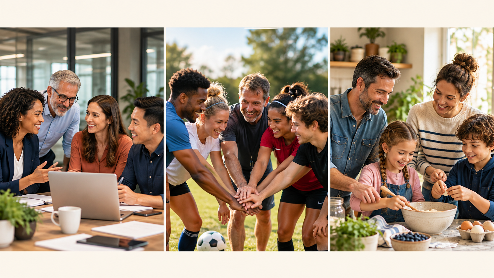 healthy-team-dynamics-featured Collage of healthy team dynamics — colleagues at work, a sports huddle, and a family cooking together.